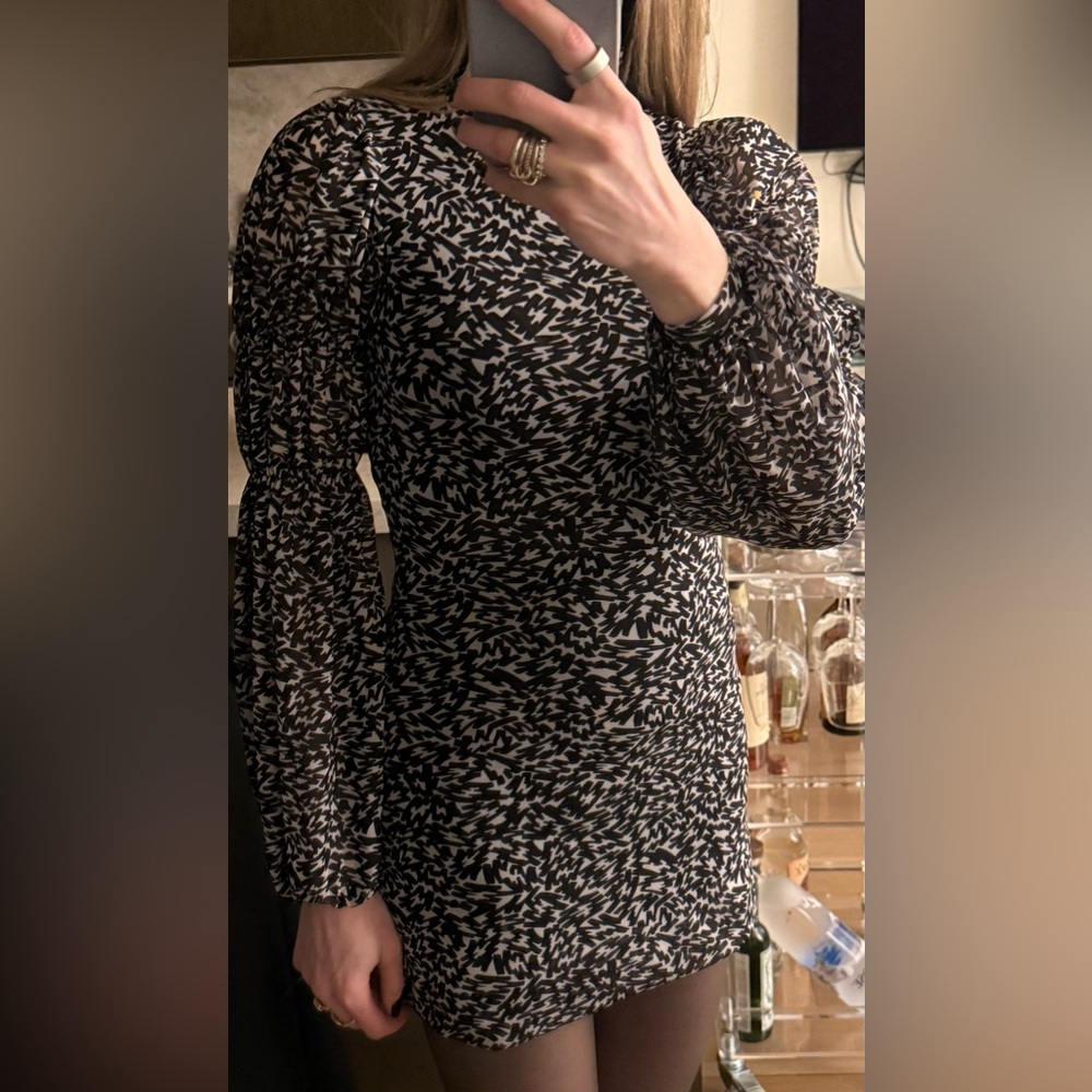 Ted Baker Black and White Printed Puff-Sleeve Mini Dress